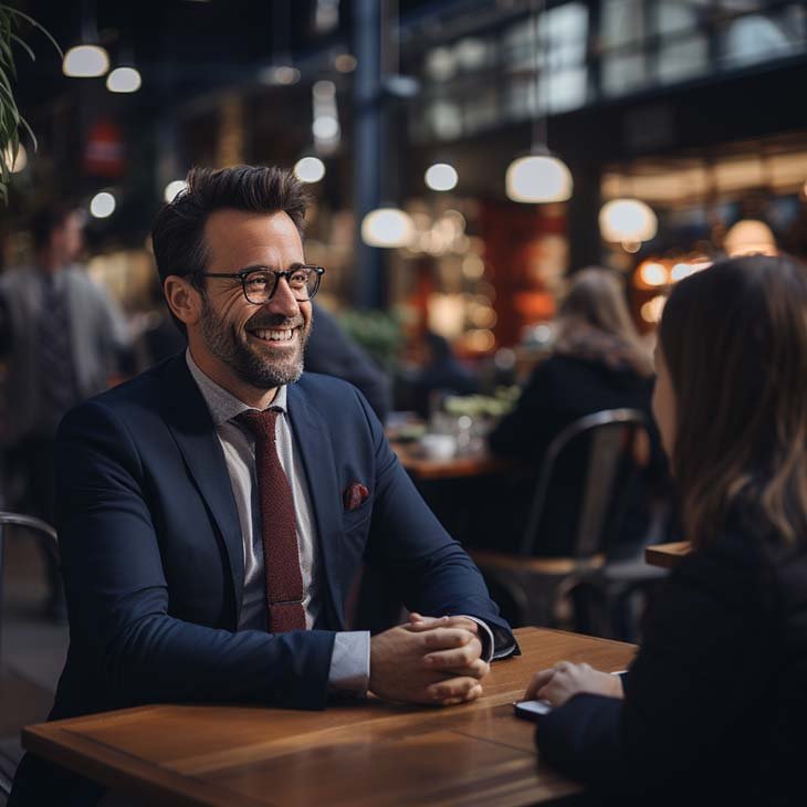 100+ Interview Questions For Product Managers + Answers Independent Recruiter LLC | Staffing Agency smiling-man-suit-cafe-conversation