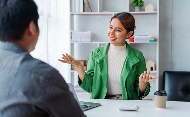 100+ Interview Questions For Managers &Amp; Interview Answers Independent Recruiter LLC | Staffing Agency woman-hands-open-talking-man