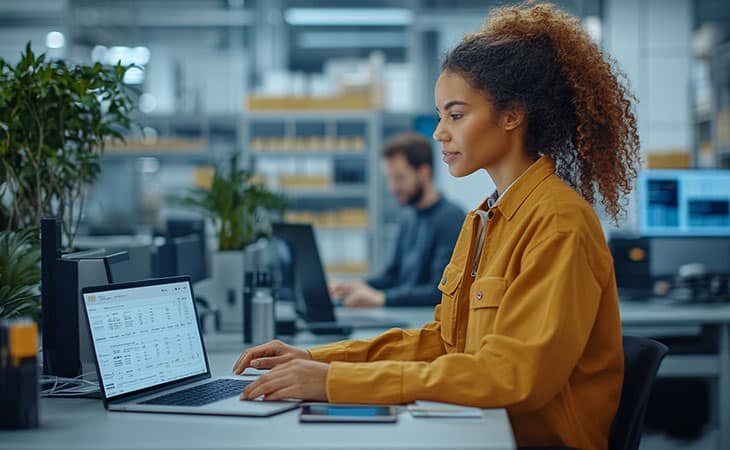 a focused woman working with a laptop in an office