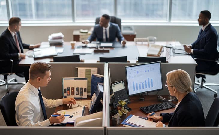 several people in office cubicles