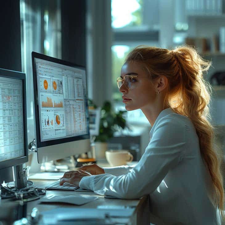 woman looking at a computer screen in the office